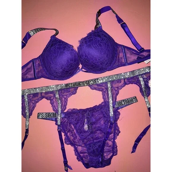 Victoria's Secret 36D BOMBSHELL BRA SET+garter+M panty neon Purple SHINE STRAP